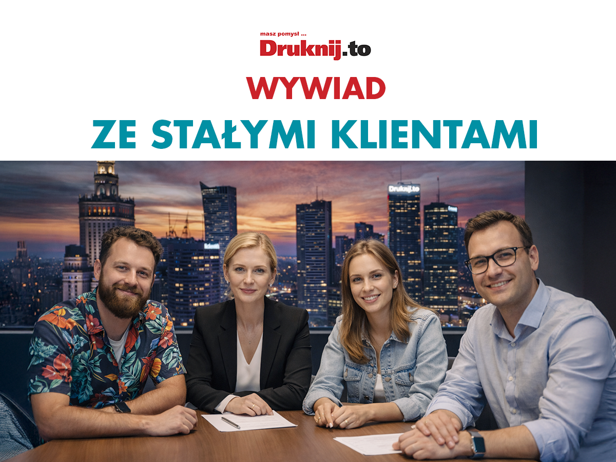 Wywiad ze stałymi klientami drukarni Druknij.to &ndash; przedstawiciele agencji reklamowej, kancelarii prawniczej, klientka prywatna i firma outdoorowa podczas rozmowy przy stole konferencyjnym na tle panoramy Warszawy nocą.